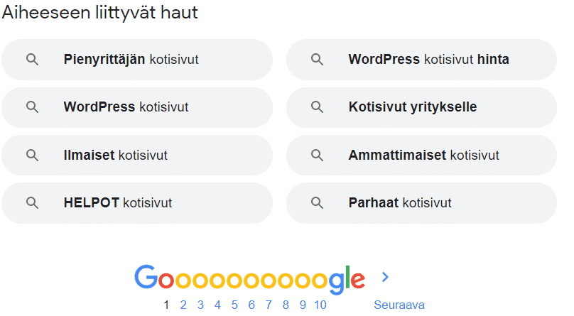 Avainsanatutkimuksessa kannattaa hyödyntää myös Googlen hakutulosten alapuolella näkyviä ideoita. 