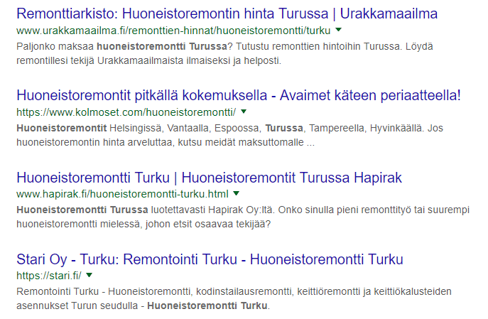 Meta title on hakutuloksissa sinisellä näkyvä otsikko