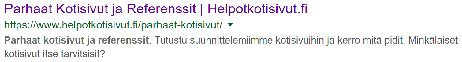 Metakuvaus on hakutuloksissa linkkinä toimivan otsikon ja URL-osoitteen alapuolella