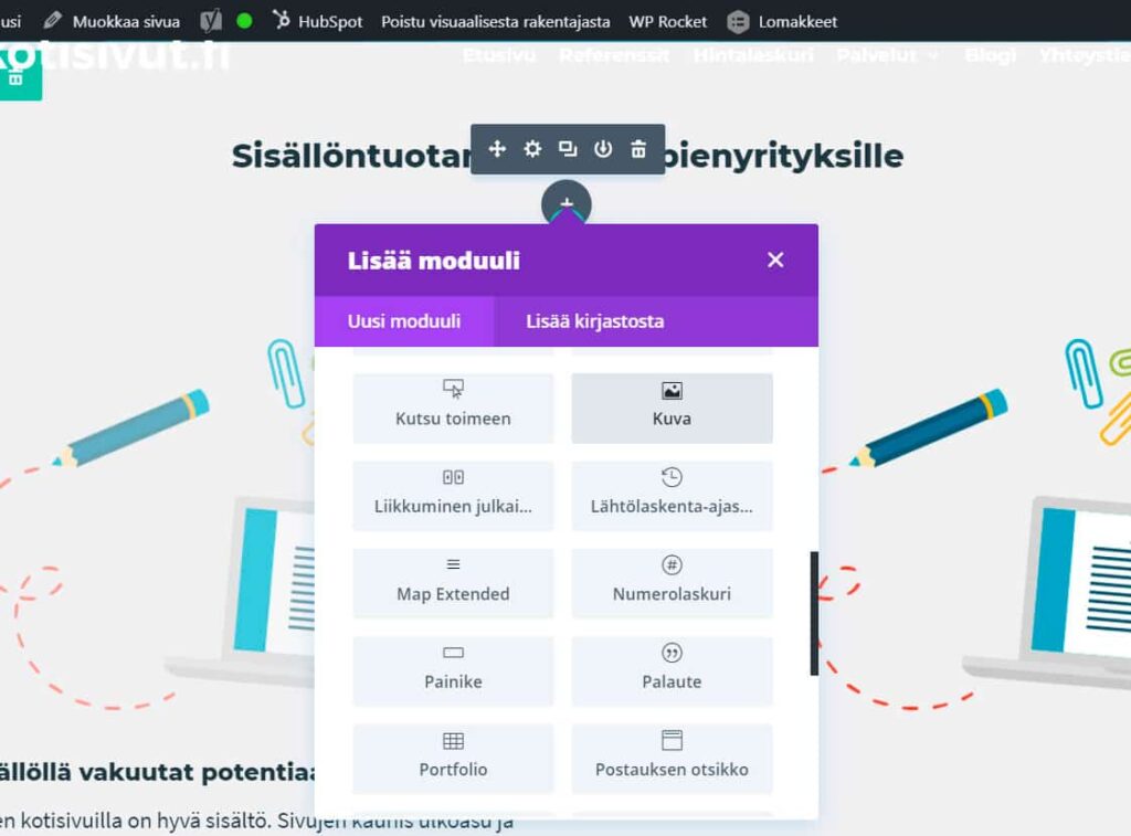 Lisää moduuli Divi sivunrakentajana