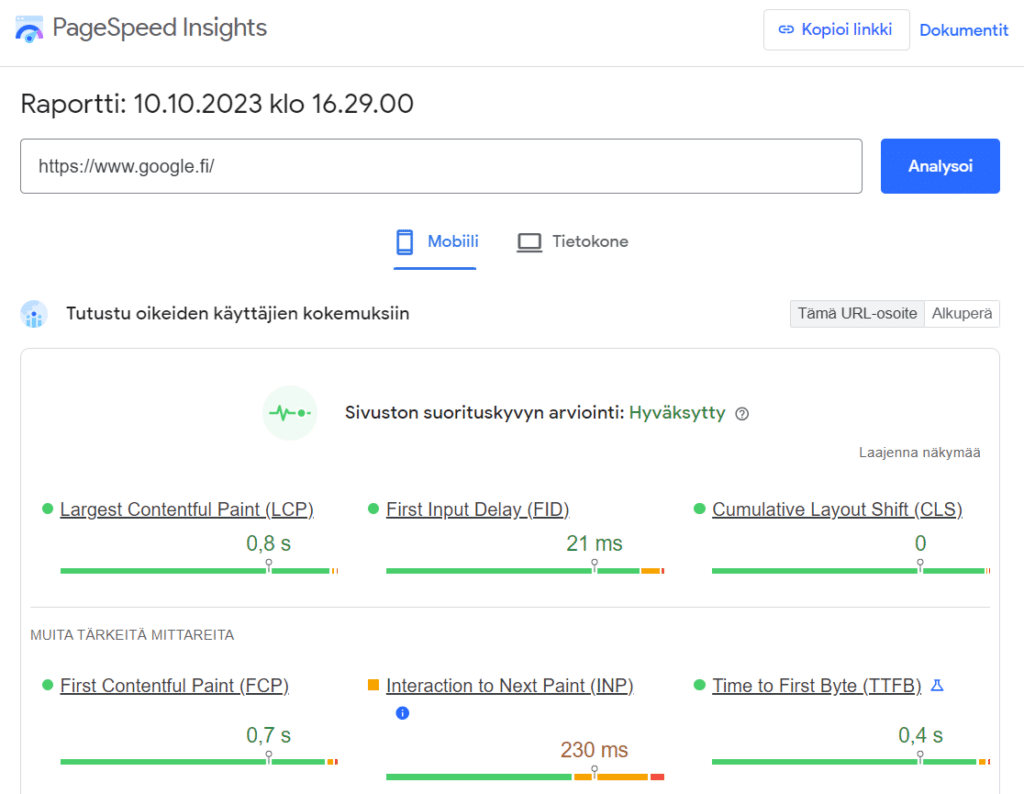 PageSpeed Insights auttaa seuraamaan sivustosi nopeutta.